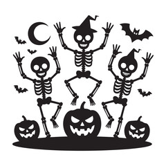Three dancing skeletons with pumpkins and bats halloween silhouette