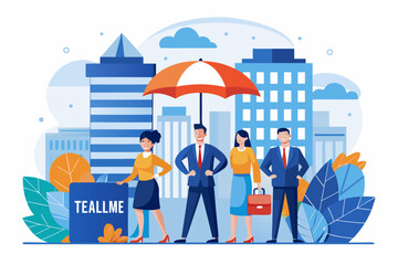 Naklejka premium Business team under umbrella with city skyline and sign
