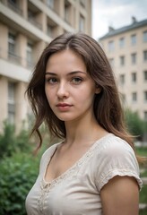 Obraz premium Woman with long brown hair and a white shirt