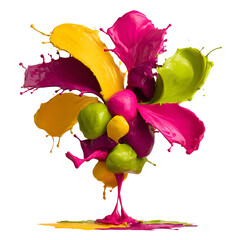 Vibrant paint splatter floral arrangement against transparent background
