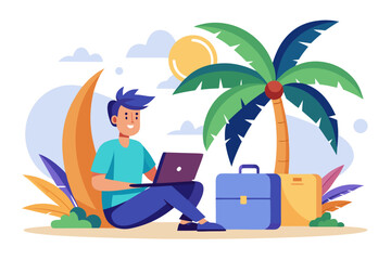 Fototapeta premium Man working on laptop on tropical beach with palm trees and luggage