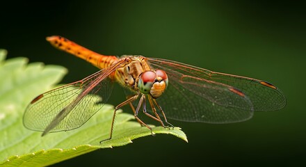 Close up of a bright orange dragonfly with iridescent wings resting on a green leaf isolated on white background