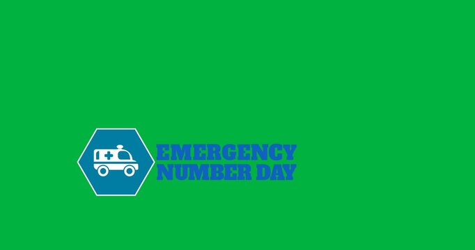 Animation of emergency number day and ambulance icon on transparent background
