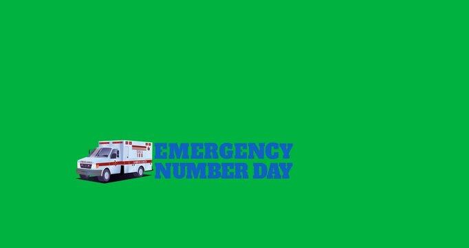 Animation of emergency number day and ambulance icon on transparent background