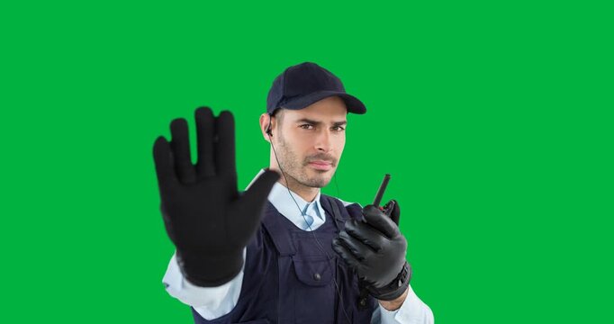 Animation of caucasian policeman with radio gesturing stop sign on transparent background