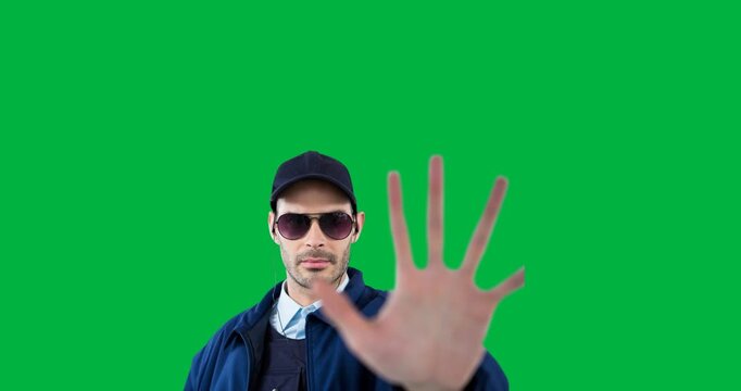 Animation of caucasian policeman gesturing stop on transparent background