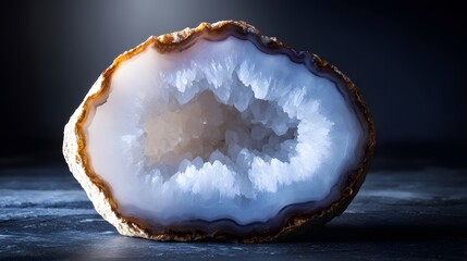 Macro view of a rough geode core in a polished shell on dark slate, dramatic side lighting.
