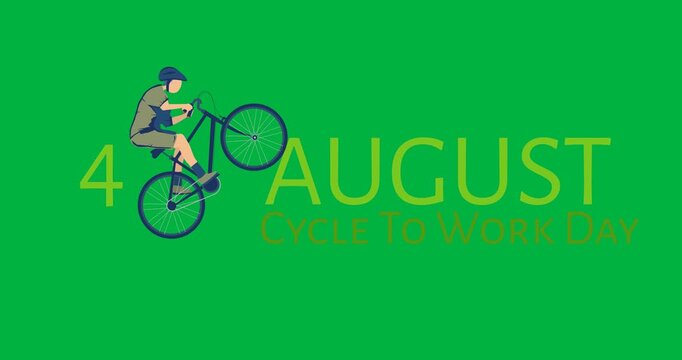Animation of cycle to work day 4 august and cyclist on bike on transparent background