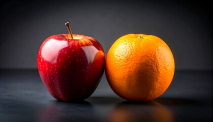 A red apple and an orange on a dark background