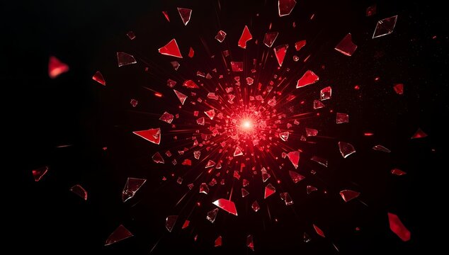 Shattered red glass fragments flying in all directions against a black background, symbolizing rage and uncontrollable anger.
