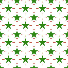 Green stars pattern seamless with red dots of Christmas color tone. Stars on white background. Geometric, small star, cute, holidays, vintage for wrapping paper, fabric texture, print, wallpaper.