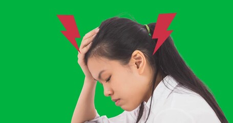 Animation of asian girl with headache, red flashes on transparent background