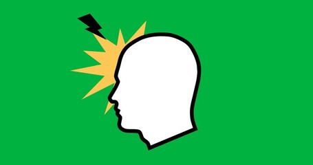Animation of illustration of human head with flash and yellow explosion on transparent background