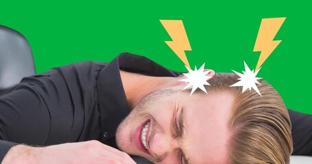 Animation of caucasian man in pain and yellow flashes on transparent background