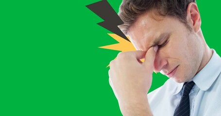 Animation of caucasian man with headache, black and yellow flashes on transparent background