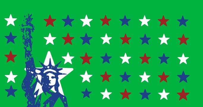 Animation of usa stars in red white and blue and statue of liberty on transparent background