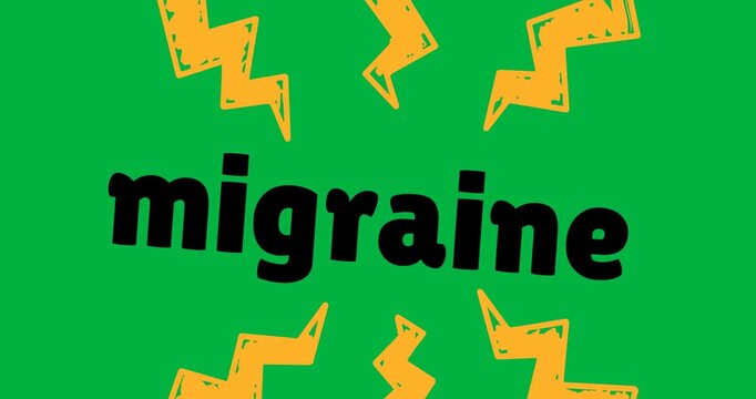 Animation of migraine text with yellow flashes on transparent background - Powered by Adobe