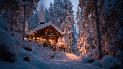 Cozy Wooden Cabin in Snowy Forest During Evening with Warm Lights