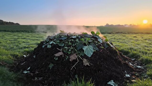 A steaming compost pile in a field at sunrise, showcasing natural decomposition and the beauty of organic gardening practices.