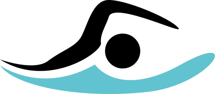 Minimalist swimming sport logo showing a swimmer in motion over stylized water waves, symbolizing speed and athleticism