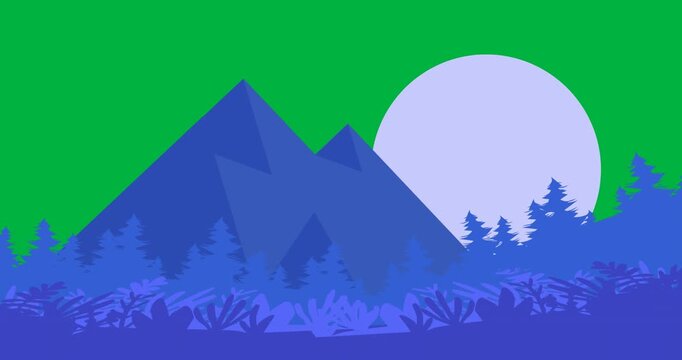 Animation of graphic of blue landscape with hills and moon on transparent background