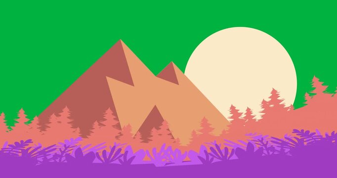Animation of graphic of pink landscape with hills and moon on transparent background