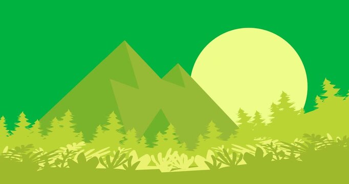 Animation of graphic of green landscape with hills and moon on transparent background