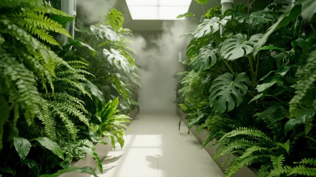 Lush Green Pathway Through Tropical Plants with Gentle Misting System