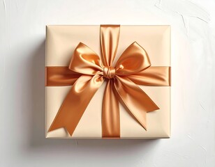 Elegant Gift Box with a Gold Ribbon and Bow on a White Textured Background