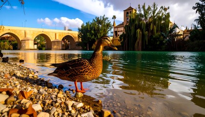 Duck stands by river