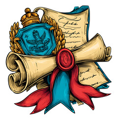 Vintage emblem with scrolls and ribbon illustration on transparent background