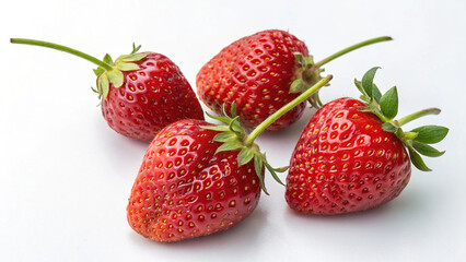 Four ripe strawberries with stems isolated on white background
