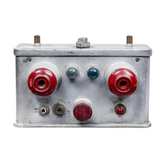 Vintage industrial control panel with red dials and metallic finish on transparent background