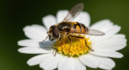 Detailed Hoverfly Pollinating a Daisy Flower, Close-Up Observation