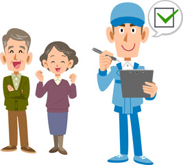 シニア夫婦と書類に書き込む作業員の男性
