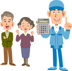 シニア夫婦と電卓を持つ作業員の男性
