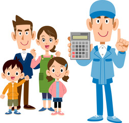 家族と電卓を持つ作業員の男性
