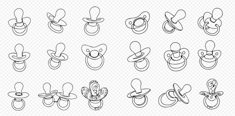 Outlined pacifiers in various shapes and styles, arranged in a grid pattern.