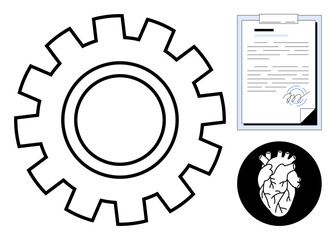 Gear symbolizing technology, a signed document for formal processes, and a heart icon for healthcare. Ideal for innovation, integration, healthcare systems, professionalism, compliance, biology