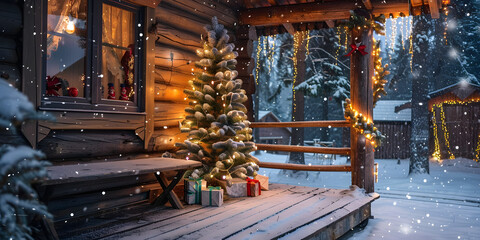 Festive Christmas scene of a rustic wooden porch adorned with a decorated tree and glowing fairy lights, creating a warm, inviting atmosphere in a snowy winter forest setting.