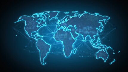 Naklejka premium Futuristic Glowing World Map with Network Connections and Data Visualization for Technology and Geography Themes