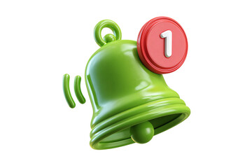 Green notification bell with number one isolated on transparent background