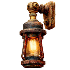 Vintage metal lantern with illuminated bulb against transparent background
