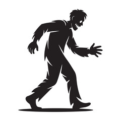 Fototapeta premium Creepy walking zombie figure in a stark black silhouette against a white background