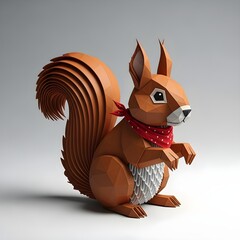 Geometric paper squirrel with a red bandana against a grey background. Suitable for digital posters or brand designs.