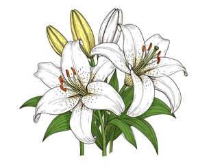 Elegant Hand-drawn Illustration of a White Lily Flower with Green Leaves