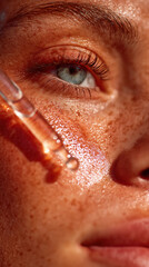 Extreme close up of skincare dropper filled with serum, highlighting glistening skin texture and natural beauty. image captures moment of self care and rejuvenation