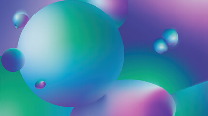 Vibrant gradient spheres and bubbles create dynamic composition, showcasing blend of blue, green, and purple hues. abstract design evokes sense of chaos and fluidity, perfect for modern art