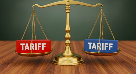 Import tariffs concept with scales balancing trade containers