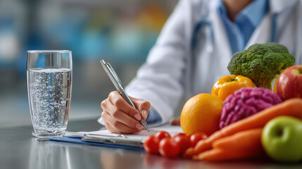 Healthy lifestyle is essential for well being, featuring doctor writing notes with fresh vegetables and fruits nearby, alongside glass of water. This scene emphasizes nutrition and health